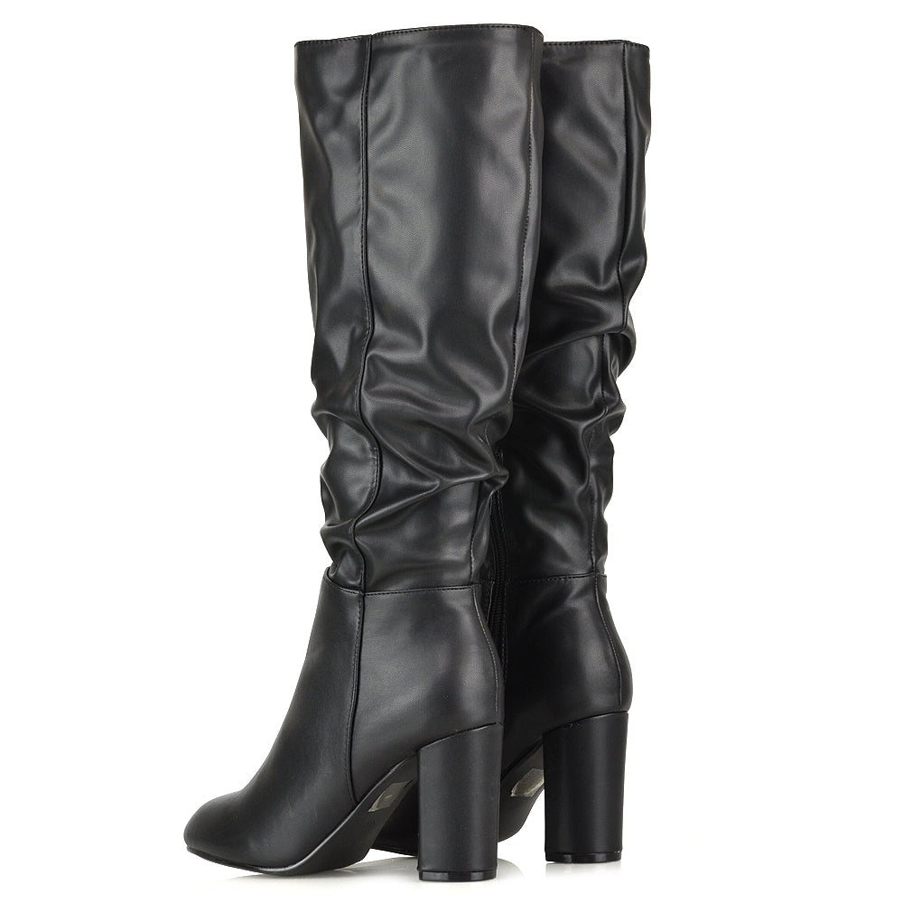 black faux leather boots, Black faux leather below-the-knee block heel boots, Ruched faux leather boots