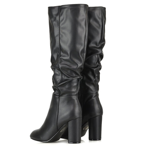 black faux leather boots, Black faux leather below-the-knee block heel boots, Ruched faux leather boots
