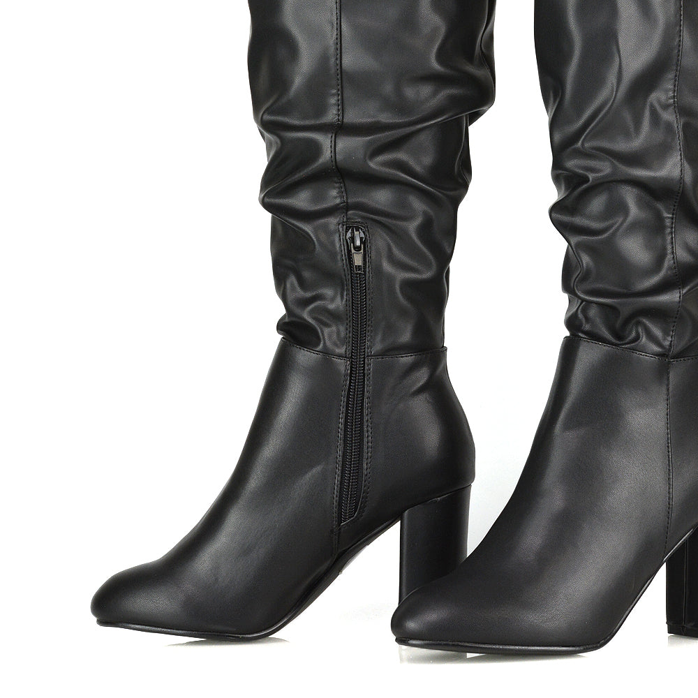 Ruched faux leather boots, Stylish black synthetic leather winter boots for women, long boots women