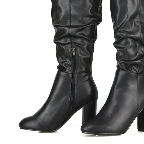 Ruched faux leather boots, Stylish black synthetic leather winter boots for women, long boots women