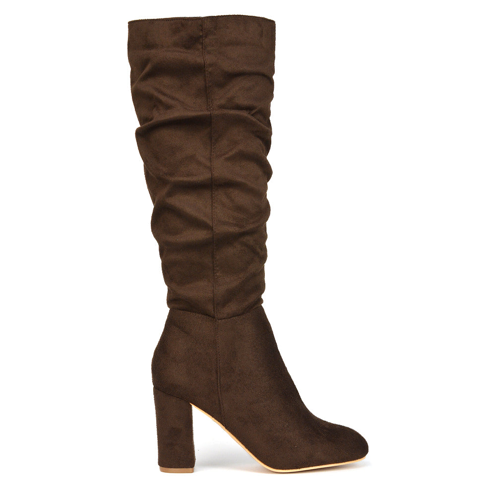 Brown faux suede boots, Women's brown faux suede ruched zip-up winter boots, brown faux suede boots