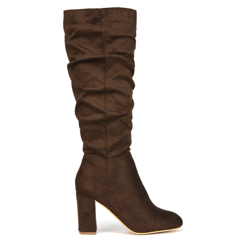 Brown faux suede boots, Women's brown faux suede ruched zip-up winter boots, brown faux suede boots