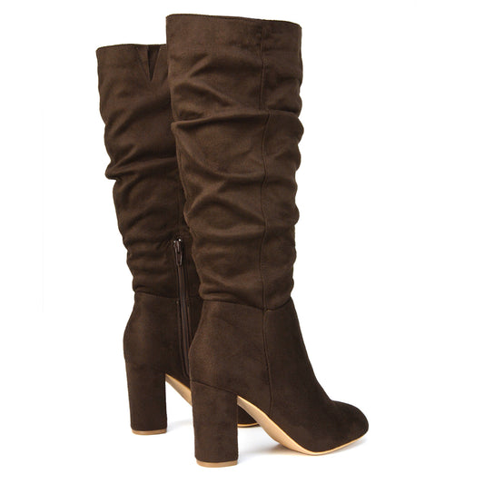 brown long boots, Brown faux suede below-the-knee block heel boots, Brown winter long boots