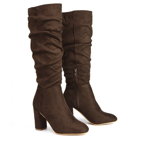 Ruched faux suede boots, Stylish brown faux suede long boots for women, winter boots women
