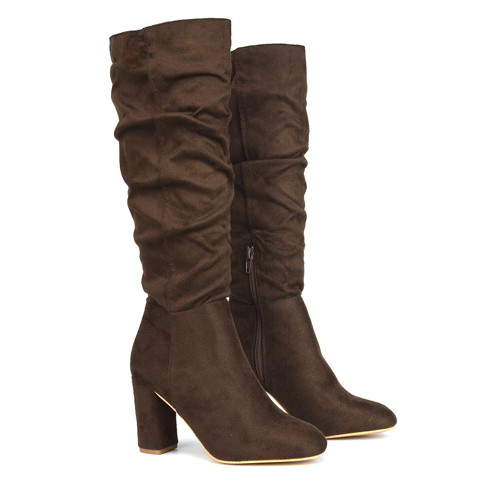 women's winter boots, Brown faux suede heeled boots, Women's brown zip-up boots with block heels, Women's ruched boots