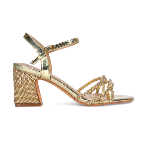 gold prom heels, gold strappy heels, prom heels, strappy heels, Diamante block heel sandals, Comfortable dressy sandals with block heel
