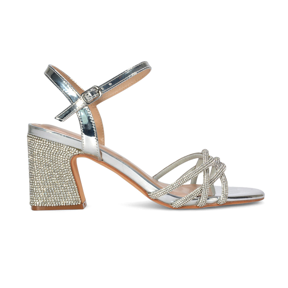silver prom heels, silver strappy heels, prom heels, strappy heels, Diamante block heel sandals, Comfortable dressy sandals with block heel
