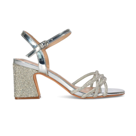 silver prom heels, silver strappy heels, prom heels, strappy heels, Diamante block heel sandals, Comfortable dressy sandals with block heel
