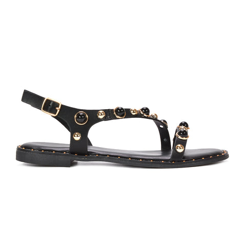 black flat sandals with studded pearl straps, women’s black flat sandals with pearl straps, black women’s summer shoes