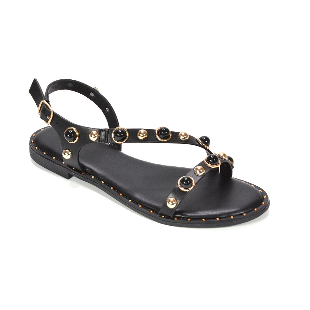 black casual sandals, stylish black studded pearl sandals for summer, black pearl strap sandals
