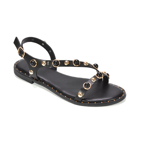 black casual sandals, stylish black studded pearl sandals for summer, black pearl strap sandals