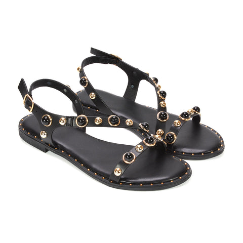 studded black sandals, black open toe sandals with pearl details, black pearl embellished footwear