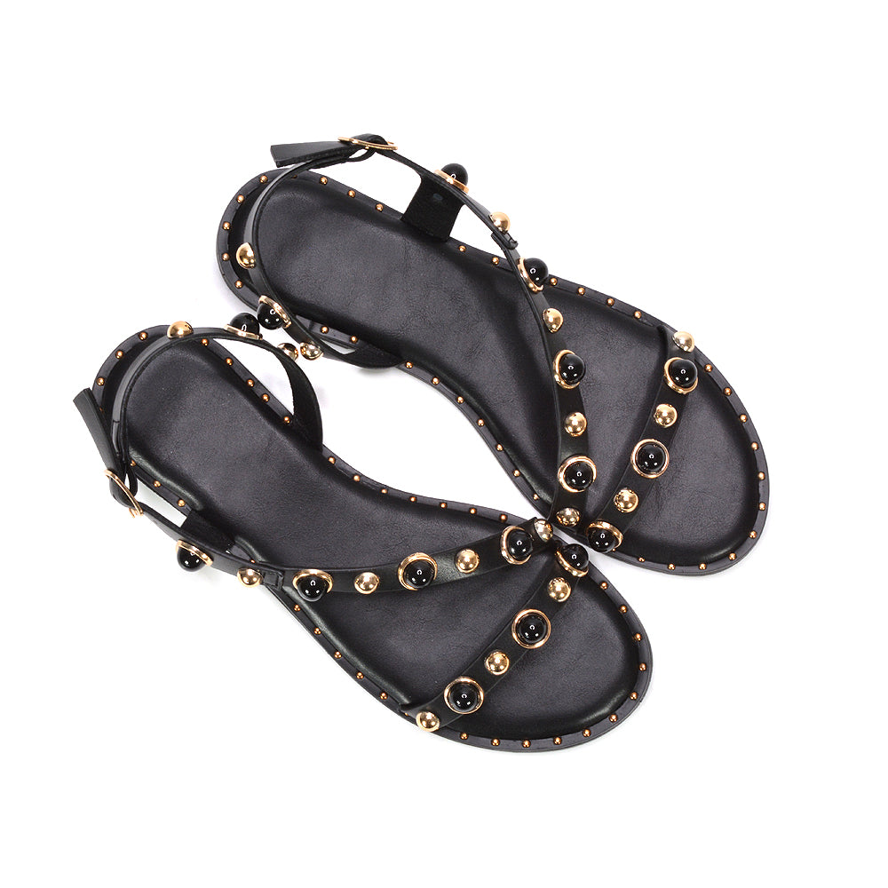 ladies black summer sandals, black flat sandals with embellishments, comfortable black sandals