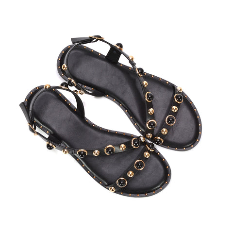 ladies black summer sandals, black flat sandals with embellishments, comfortable black sandals