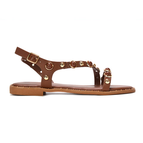 brown flat sandals, women’s brown flat sandals with pearl straps, tan flat sandals