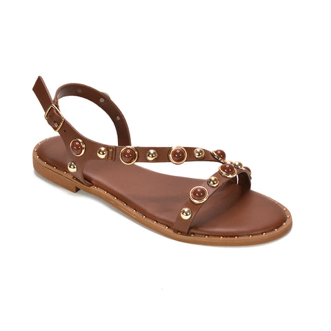 camel colour sandals, stylish brown studded sandals for summer, brown pearl strap sandals