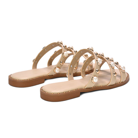 lightweight beige flat sandals for summer travel women, beige resort wear strappy flat sandals, bohemian beige studded flat sandals women, comfortable beige slip on strappy sandals women