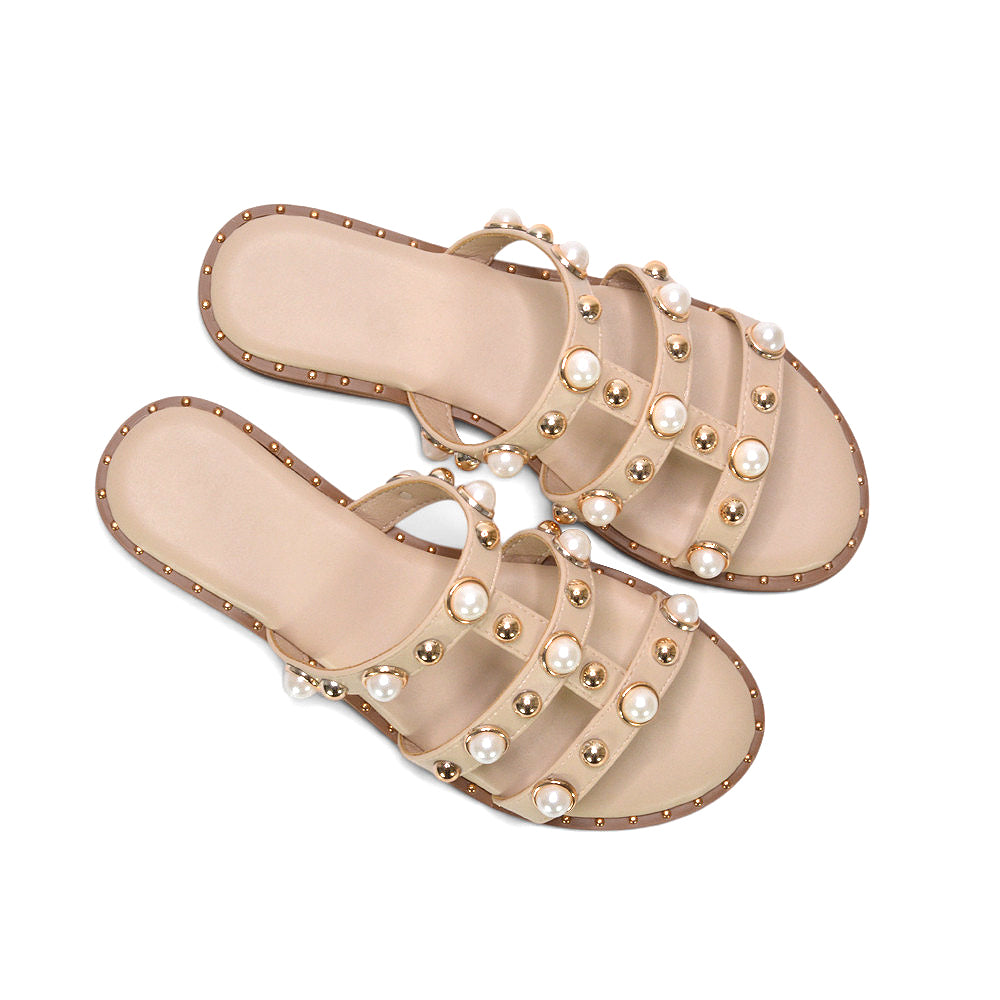 beige beach holiday flat sandals for women, beige boho studded strappy sandals women, women’s beige strappy flat slides with studs