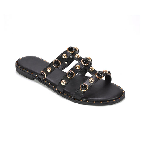 affordable black studded flat sandals online UK, durable black studded strappy sandals everyday wear, black slip on sandals for travel and sightseeing, chic black holiday slides strappy design sandals, women’s black flat strappy slip on holiday sandals