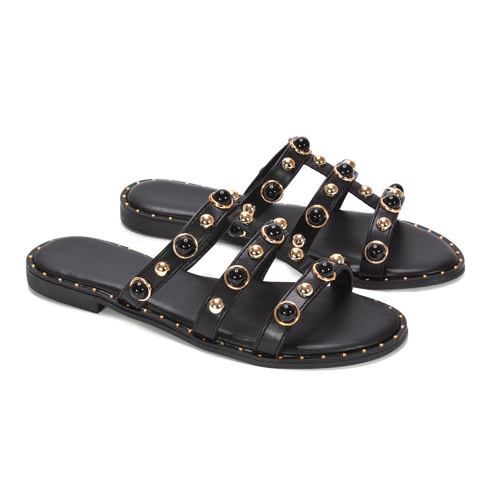 black lightweight flat sandals for holiday wear, festival ready black studded flat sandals women, festival ready black studded flat sandals women, lightweight black comfortable strappy sandals summer, trendy black flat sandals for summer outfits women