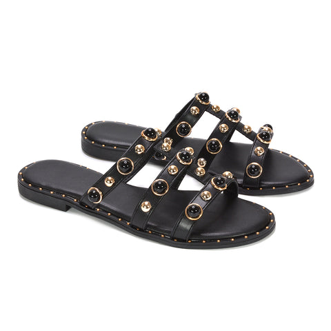 black lightweight flat sandals for holiday wear, festival ready black studded flat sandals women, festival ready black studded flat sandals women, lightweight black comfortable strappy sandals summer, trendy black flat sandals for summer outfits women