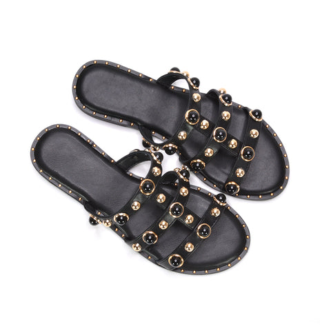 black beach holiday strappy flat sandals, women’s black strappy flat slides with studded detail, black boho style studded strappy sandals women