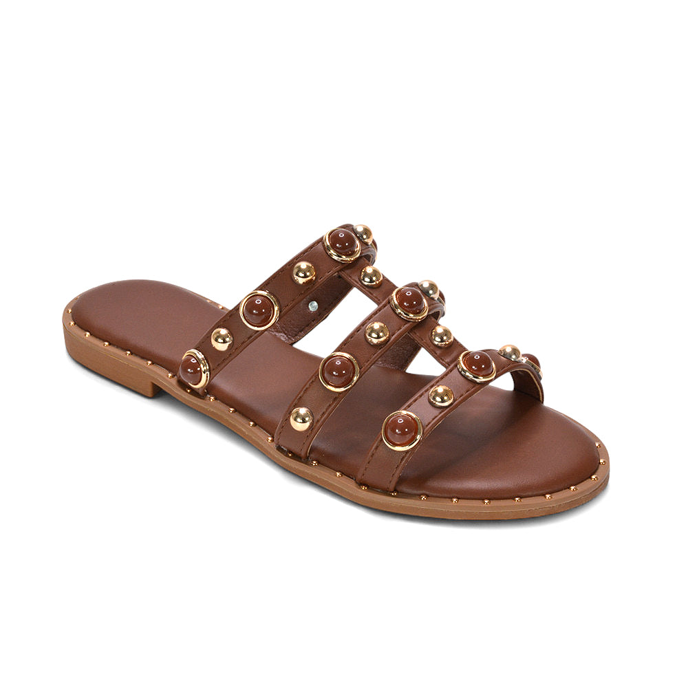 affordable brown studded flat sandals online UK, soft sole brown strappy sandals for long wear, brown slip on sandals for travel and sightseeing, rustic brown strappy flat sandals summer style, women’s brown flat strappy slip on holiday sandals