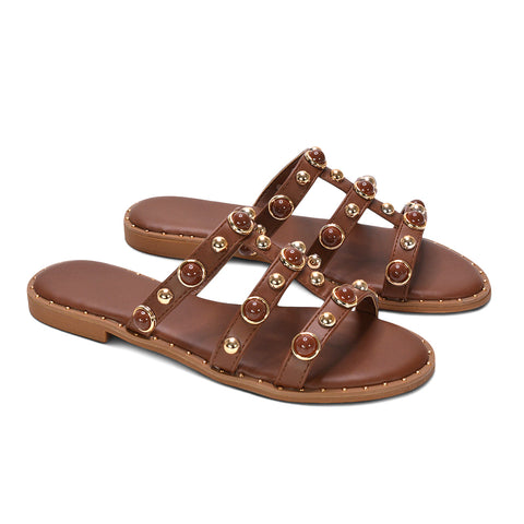 brown lightweight flat sandals for holiday outfits, boho chic brown holiday slides for women, brown beach holiday slip on flat sandals women, brown flat sandals for summer walking, trendy brown flat sandals for summer outfits women