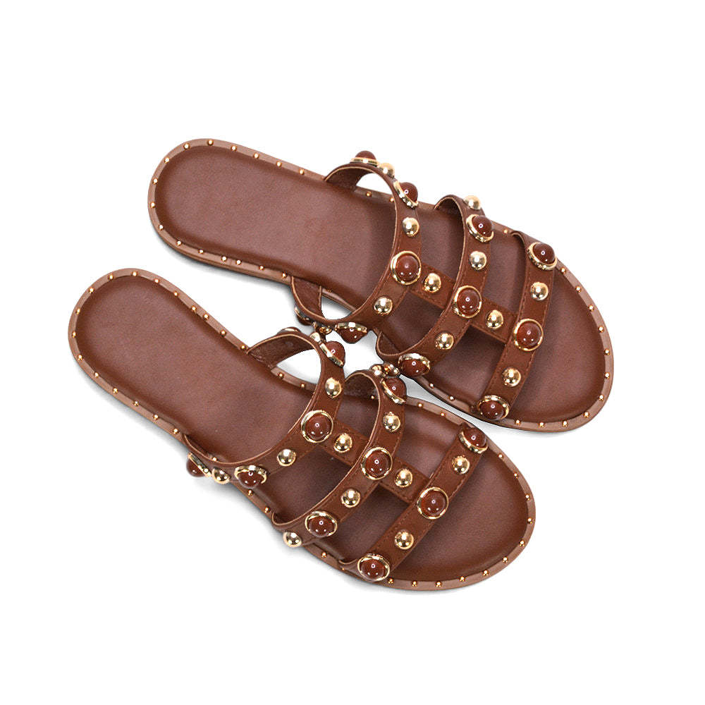 brown beach holiday flat strappy sandals women, boho brown studded strappy sandals for women, brown casual slip on flat sandals for summer days