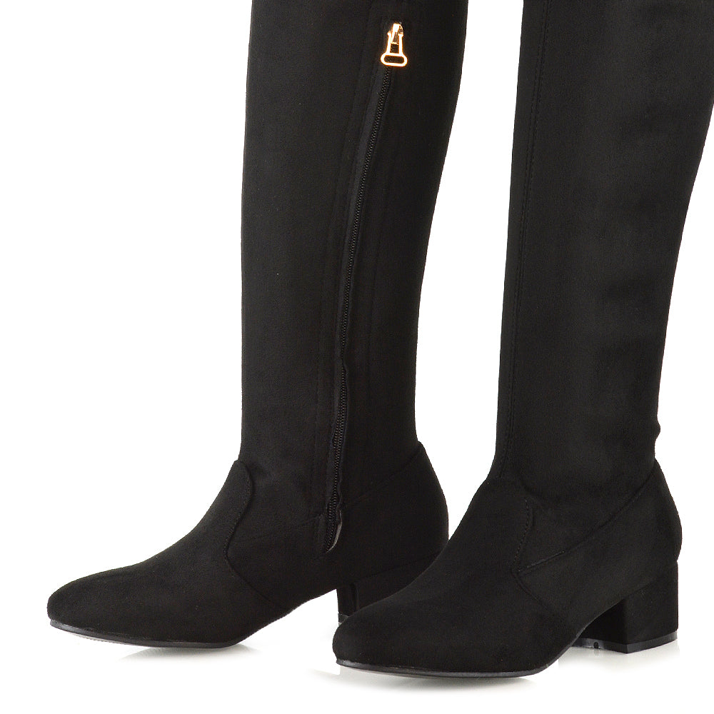 black block heel boots, black heeled boots, block heel boots, heeled boots, Block heel knee high boots, Stretch fabric knee high boots