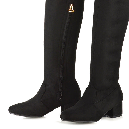 black block heel boots, black heeled boots, block heel boots, heeled boots, Block heel knee high boots, Stretch fabric knee high boots