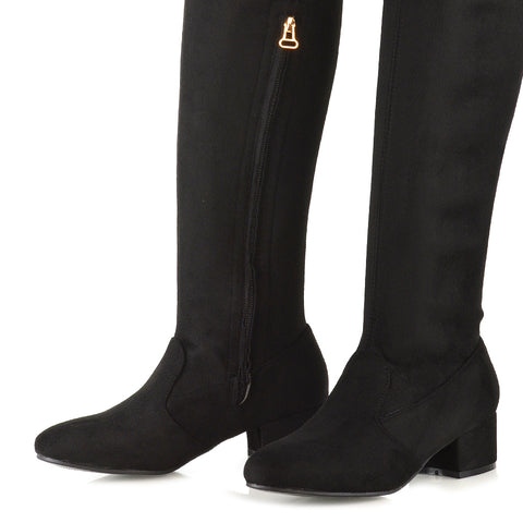 black block heel boots, black heeled boots, block heel boots, heeled boots, Block heel knee high boots, Stretch fabric knee high boots