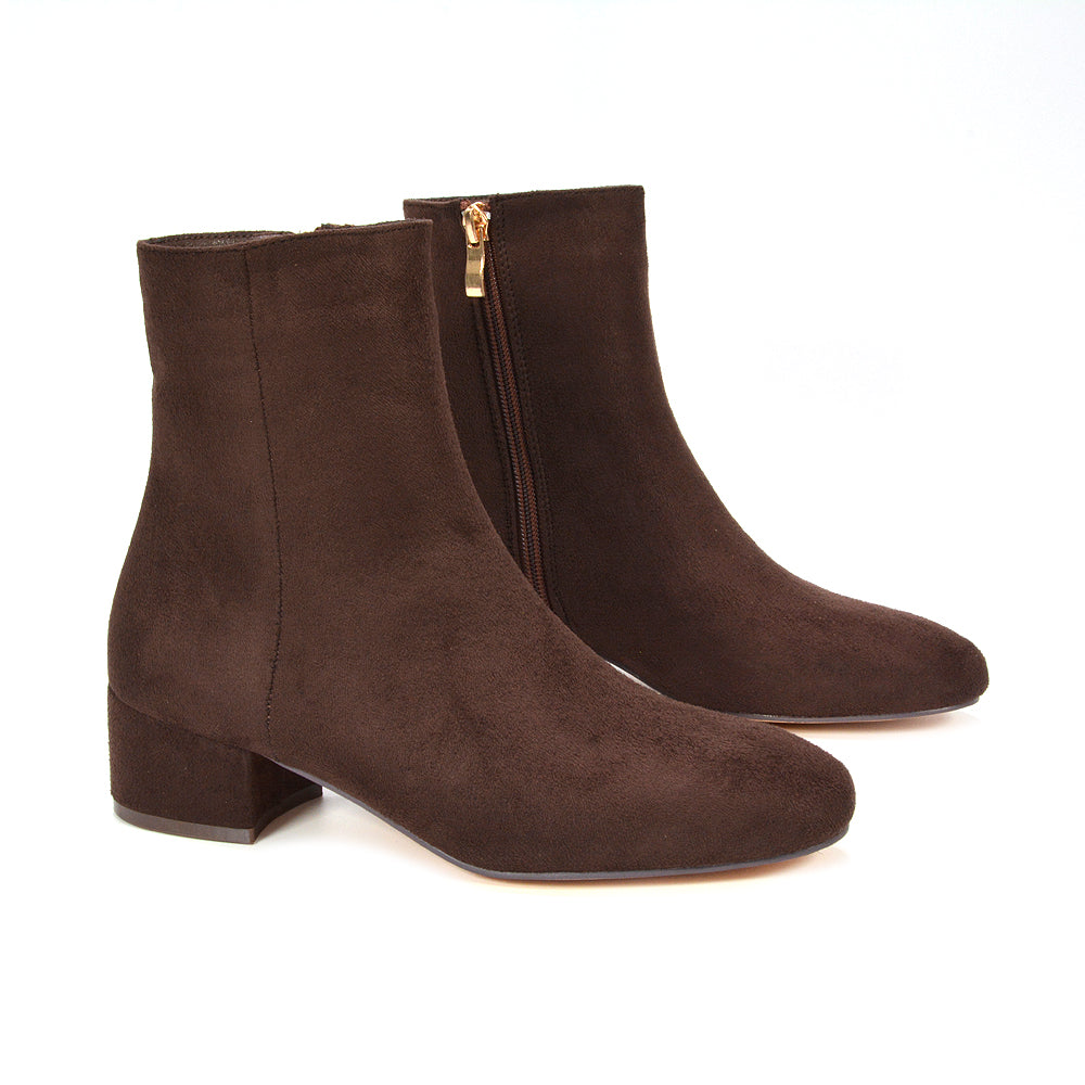 brown side zip ankle boots for women, women’s brown low heel boots for autumn and winter, classic brown Chelsea ankle boots with zip, women’s brown smart casual ankle boots