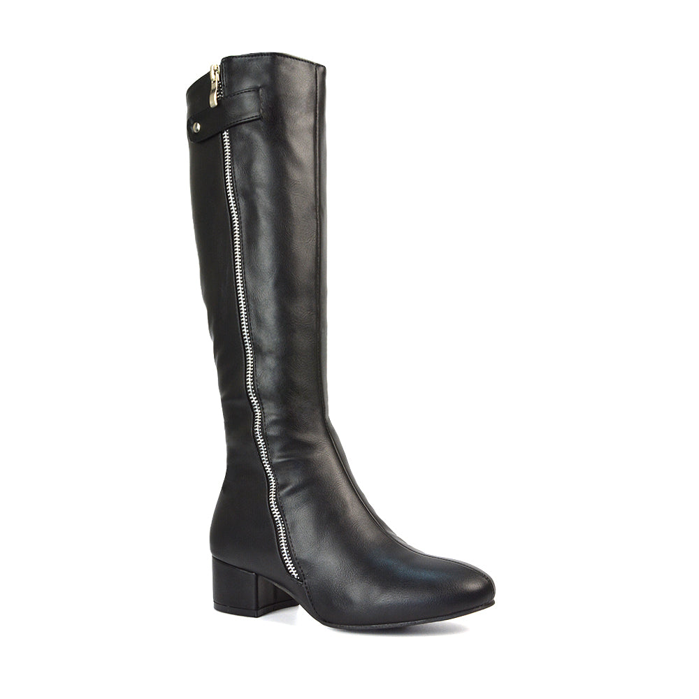 Black Boots, Black Knee High Boots, Black Square Toe Boots, Black Block Heeled Boots
