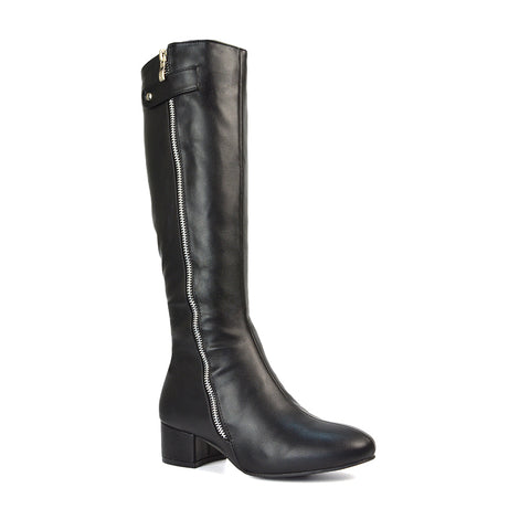 Black Boots, Black Knee High Boots, Black Square Toe Boots, Black Block Heeled Boots