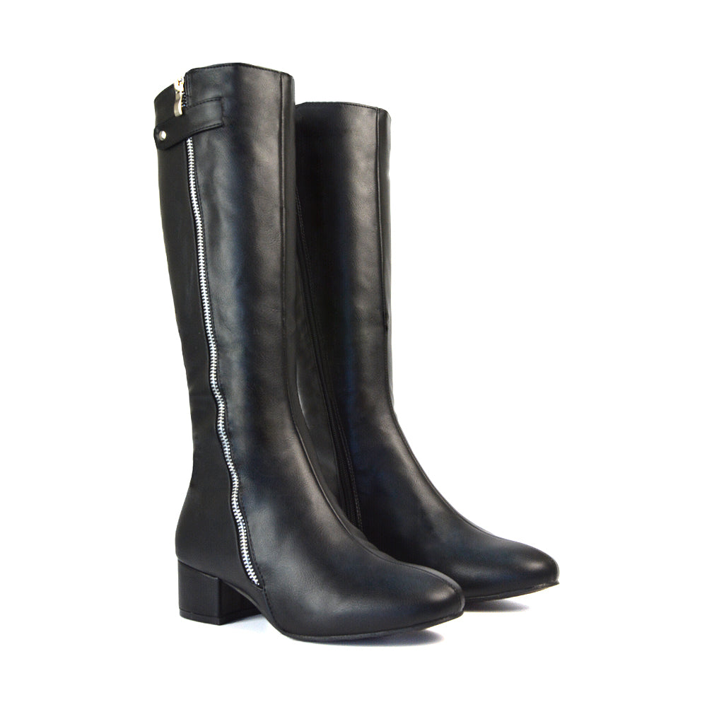 Black Square Toe Knee High Boots, Black Low Heel Knee High Boots, Heeled Boots, Block Heeled Boots