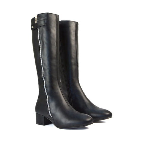 Black Square Toe Knee High Boots, Black Low Heel Knee High Boots, Heeled Boots, Block Heeled Boots