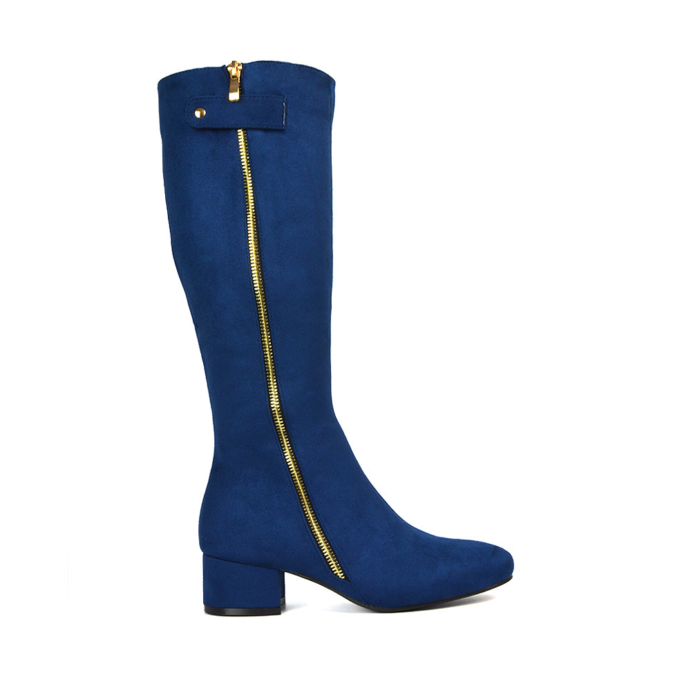 Navy Boots, Navy Knee High Boots, Navy Square Toe Boots, Navy Block Heeled Boots