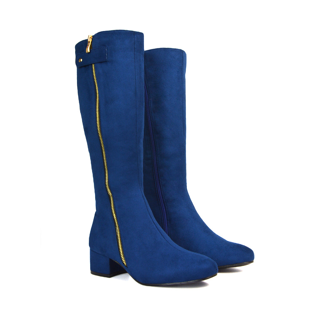 Navy Square Toe Knee High Boots, Navy Low Heel Knee High Boots, Heeled Boots, Block Heeled Boots
