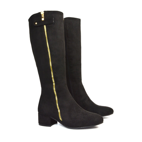 Black Faux Suede Boots, Black Faux Suede Knee High Boots, Black Faux Suede Square Toe Boots, Black Faux Suede Block Heeled Boots