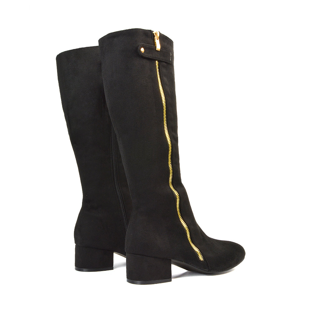Black Faux Suede Heeled Boots, Black Faux Suede Heeled Knee High Boots, Black Faux Suede Block Heeled Knee High Boots, Knee High Boots 