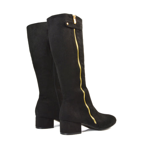 Black Faux Suede Heeled Boots, Black Faux Suede Heeled Knee High Boots, Black Faux Suede Block Heeled Knee High Boots, Knee High Boots 