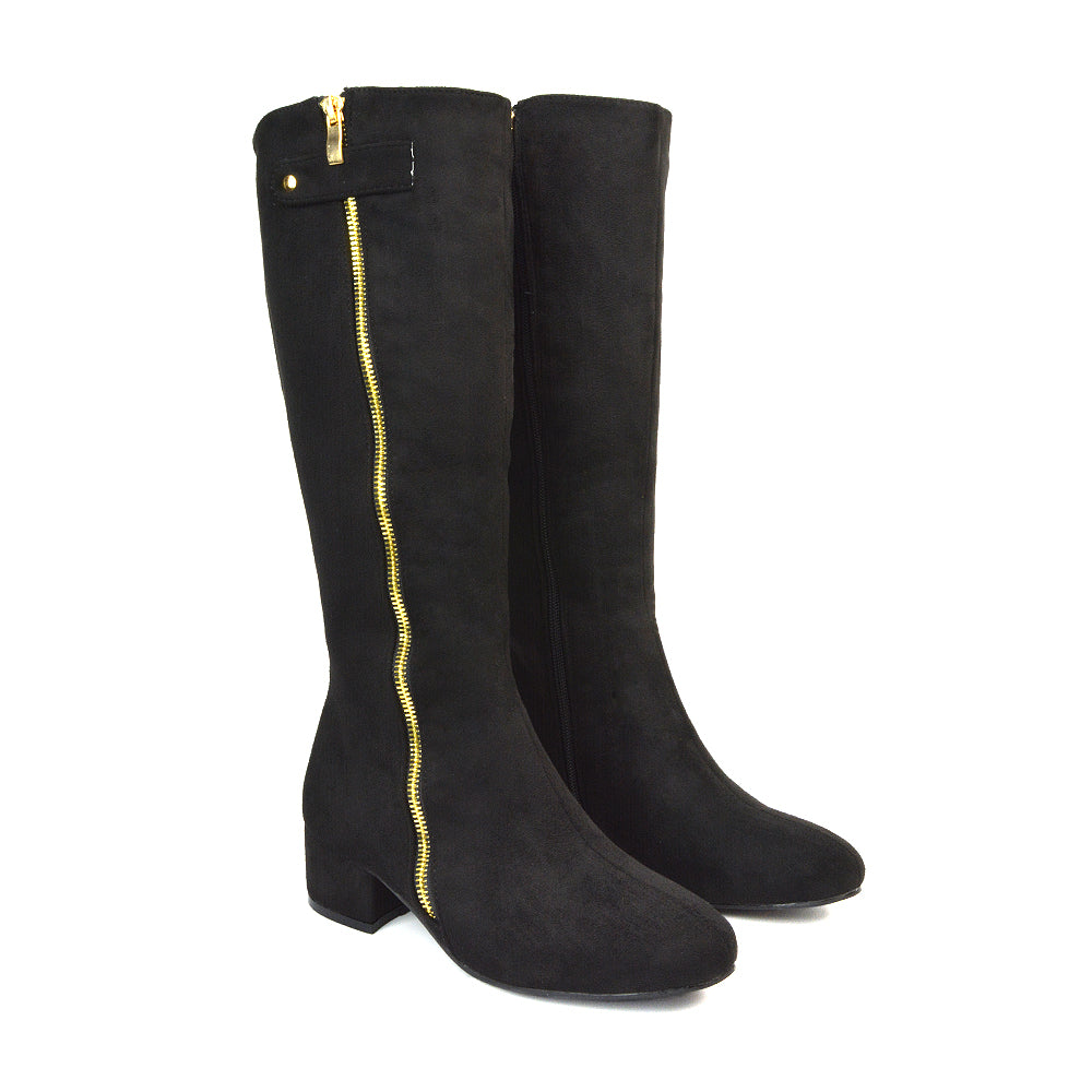 Black Square Toe Knee High Boots, Black Low Heel Knee High Boots, Heeled Boots, Block Heeled Boots