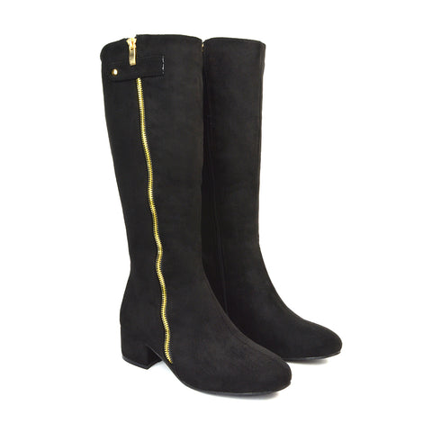 Black Square Toe Knee High Boots, Black Low Heel Knee High Boots, Heeled Boots, Block Heeled Boots