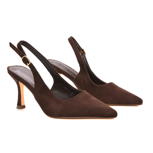brown stiletto heels, brown faux suede heels, brown faux suede slingback stiletto heels, buy brown slingback heels UK, 