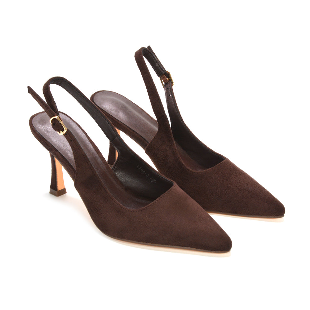 pointed toe brown heels, elegant brown pointed toe slingback pumps, affordable brown high heels online UK, brown heels, brown high heels