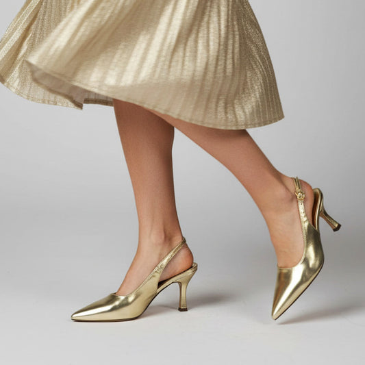 gold slingback heels, gold heel