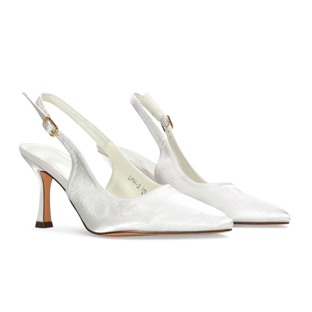 slingback court shoes bride, pointed toe wedding shoes, satin wedding shoes with slingback strap, elegant bridal pumps UK, capsule wedding shoes 