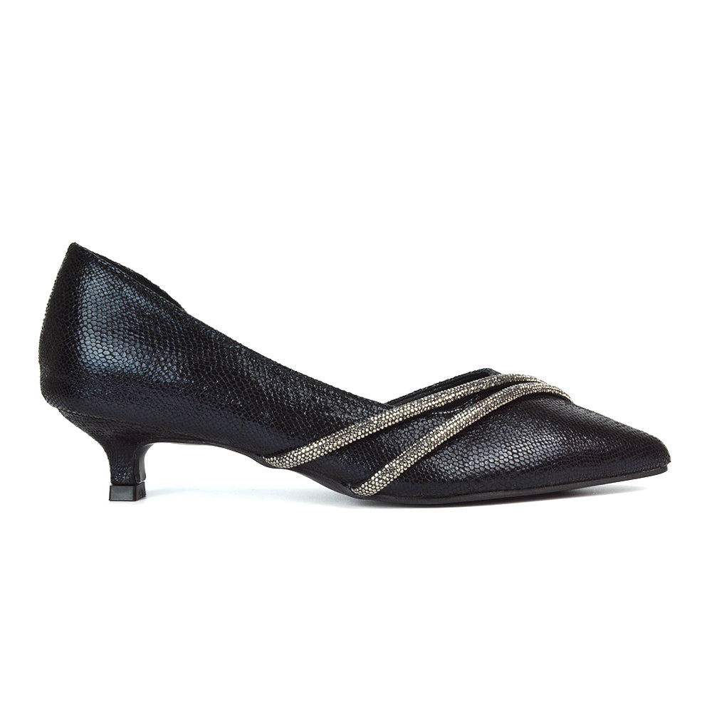 Stylish black low kitten heel rhinestone pointed toe court heels, featuring dazzling rhinestone accents for a touch of sparkle. Ideal for weddings, formal events, evening parties, or bridal occasions.