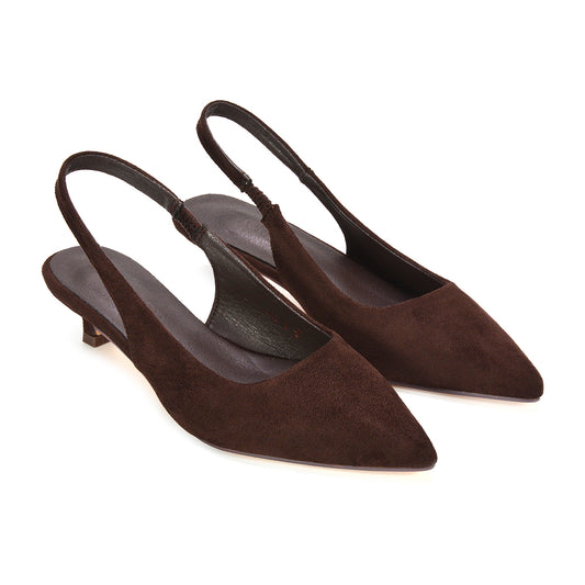 pointed toe suede heels, low kitten heel slingbacks, timeless brown footwear, vintage inspired slingbacks, business casual pumps, comfortable work heels, soft suede leather heels, comfortable slingback pumps, buy brown suede heels
best suede slingback pumps